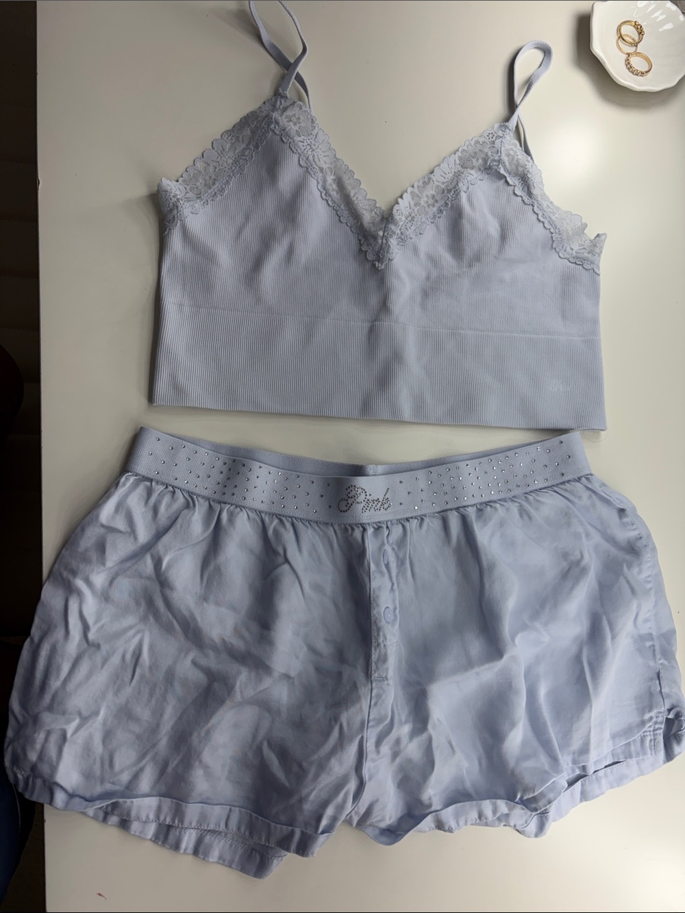 PINK Victoria's Secret Pale Blue Lace Cami and Boxy Sleep Shorts Set